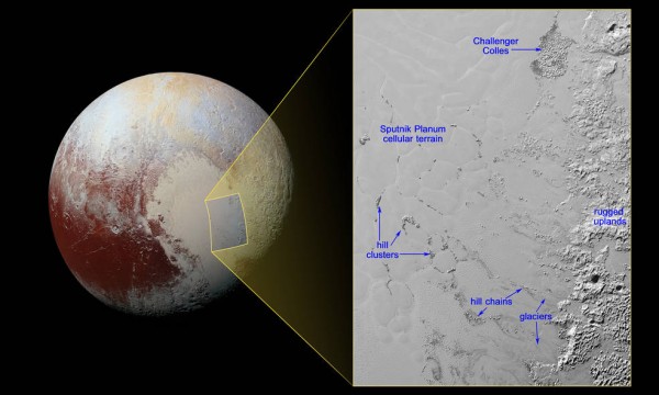 View larger. | Hills of water ice on Pluto ‘float’ in a sea of frozen nitrogen and move over time like icebergs in Earth’s Arctic Ocean—another example of Pluto’s fascinating geological activity. Image via NASA/JHUAPL/SwRI. 