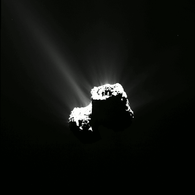This series of images of Comet 67P/Churyumov-Gerasimenko was captured by Rosetta's OSIRIS narrow-angle camera on 12 August 2015, just a few hours before the comet reached the closest point to the Sun along its 6.5-year orbit, or perihelion. The images were taken from a distance of about 330 km from the comet. The comet's activity, at its peak intensity around perihelion and in the weeks that follow, is clearly visible in these spectacular images. Image credit: ESA/Rosetta/MPS for OSIRIS Team MPS/UPD/LAM/IAA/SSO/INTA/UPM/DASP/IDA