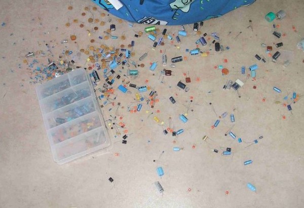 Scattered diodes and other tiny electronic components spilled from a plastic box.