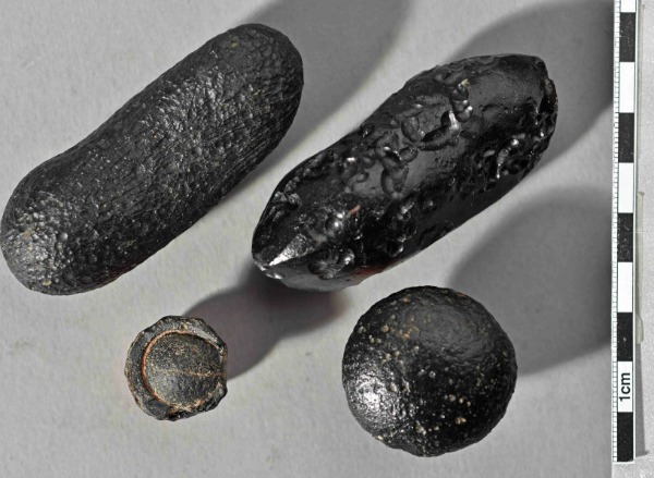 Tektites of different shapes from Australia. The force of the impact hurled the glass bodies thousands of kilometres. Some left the earth's atmosphere and acquired their flanged edge on re-entry into the atmosphere (bottom left). Image credit: © Institute of Earth Sciences, Heidelberg University