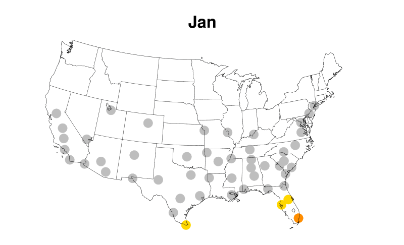 his animation shows the varying extent to which meteorological conditions can favor populations of the Aedes aegypti mosquito, which transmits the Zika virus, in 50 U.S. cities throughout the year. Red dots represent high-abundance conditions, orange represents medium-to-high, yellow represents low-to-medium, and gray represents no significant mosquito population.  Image credit: Andrew Monaghan/NCAR.