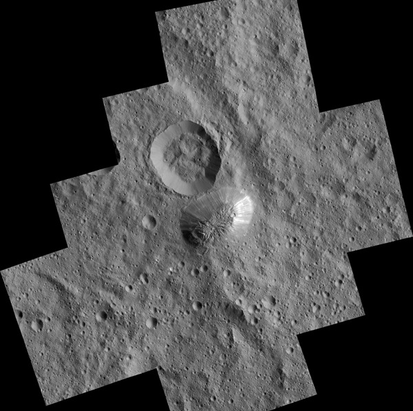 The mysterious mountain Ahuna Mons is seen in this mosaic of images from NASA's Dawn spacecraft. Dawn took these images from its lowest-altitude orbit. Image credit: NASA/JPL-Caltech/UCLA/MPS/DLR/IDA