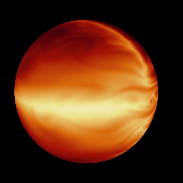 The turbulent atmosphere of a hot, gaseous planet known as HD 80606b is shown in this simulation based on data from NASA's Spitzer Space Telescope. Image redit: NASA/JPL-Caltech