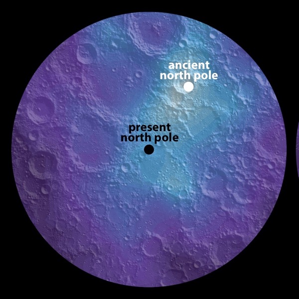 Polar hydrogen map of the moon’s northern hemisphere, showing the location of the moon’s ancient and present-day north pole. In the image, the lighter areas show higher concentrations of hydrogen and the darker areas show lower concentrations. Image via James Keane, University of Arizona; Richard Miller, University of Alabama at Huntsville. 