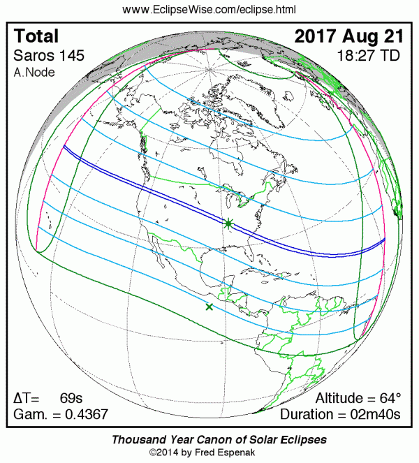 Orthographic map of August 21, 2017 total solar eclipse, via Fred Espenak.