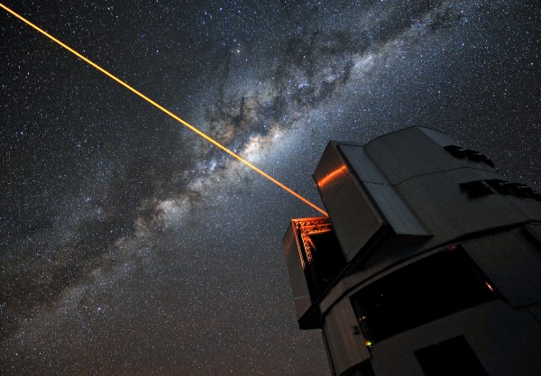 A 22W laser used for adaptive optics on the Very Large Telescope in Chile. A suite of similar lasers could be used to alter the shape of a planet's transit for the purpose of broadcasting or cloaking the planet. Credit: ESO / G. Hüdepohl