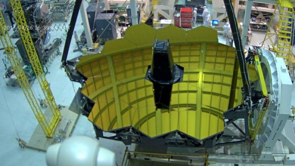 Image from live webcam - April 26, 2016 - of the James Webb Space Telescope, now under construction at Goddard Space Flight Center.