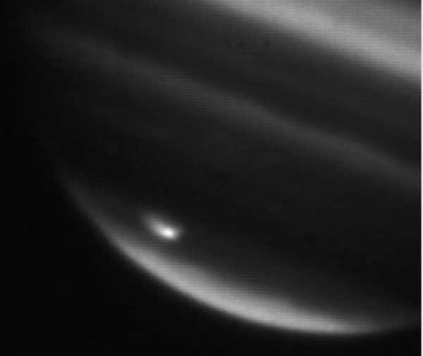 Following up on a tip from amateur astronomer Anthony Wesley of Australia, a NASA infrared telescope caught this 'scar' on Jupiter's south polar region on July 20, 2009. Image via NASA/JPL/Infrared Telescope Facility.