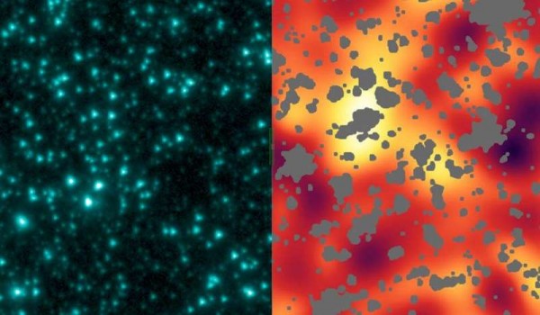 Left: This image from NASA's Spitzer Space Telescope shows an infrared view of a sky area in the constellation Ursa Major. Right: After masking out all known stars, galaxies and artifacts and enhancing what's left, an irregular background glow appears. This is the cosmic infrared background (CIB); lighter colors indicate brighter areas. Image via NASA/JPL-Caltech/A. Kashlinsky (Goddard)
