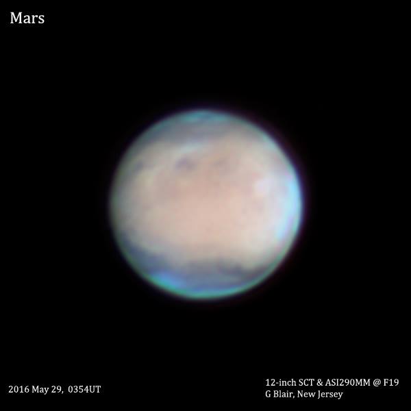 Grant Blair caught this photo of Mars through a telescope on May 29, 2016.  He wrote: 