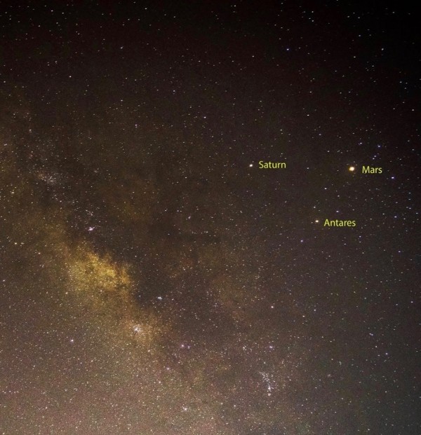 Mark Antonio in Manila, Philippines caught Mars, Saturn and Antares on May 9, 2016. As you might have noticed, this bright triangle of objects is right next to a rich region of the Milky Way.