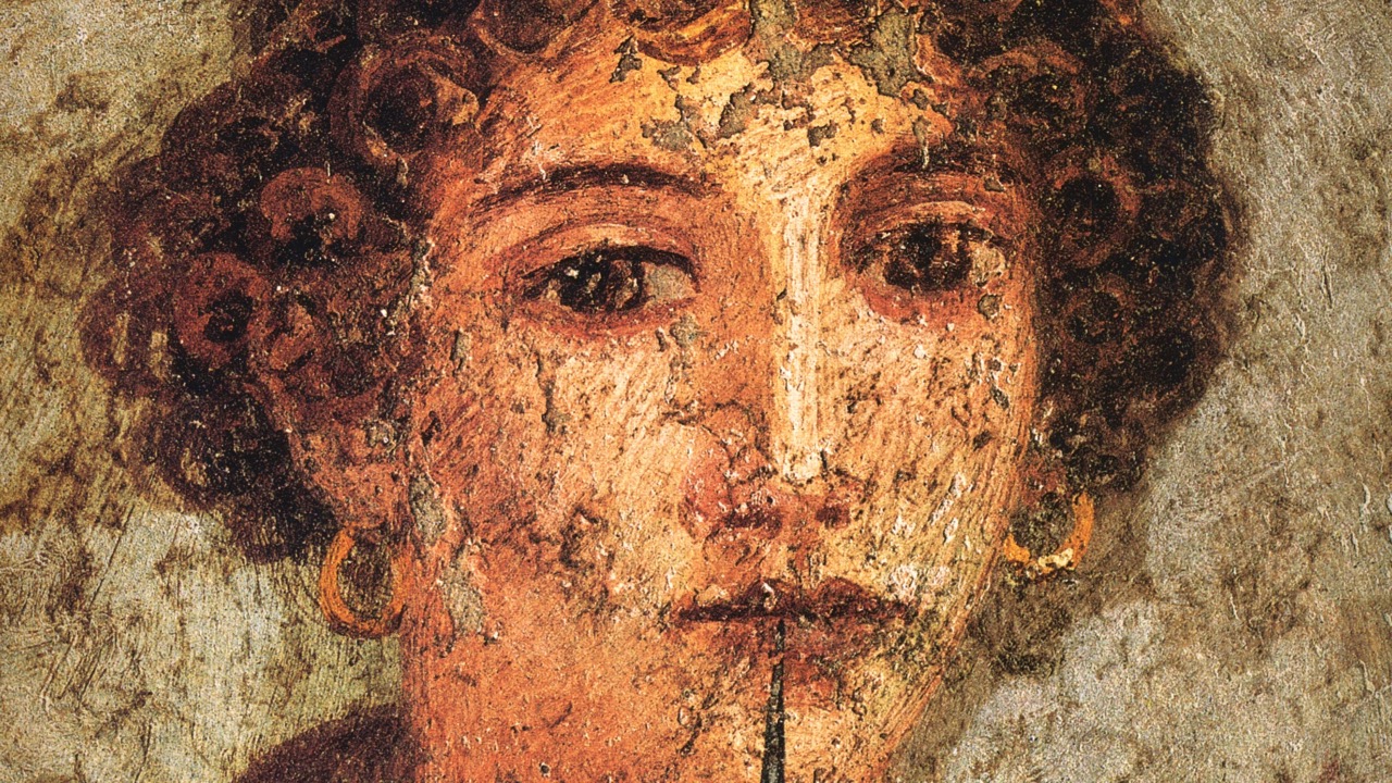 Detail from a portrait of a young woman - from a fresco from Pompeii - thought to be Sappho. Via Museo Archeologico Nazionale (Naples) via Wikimedia Commons.