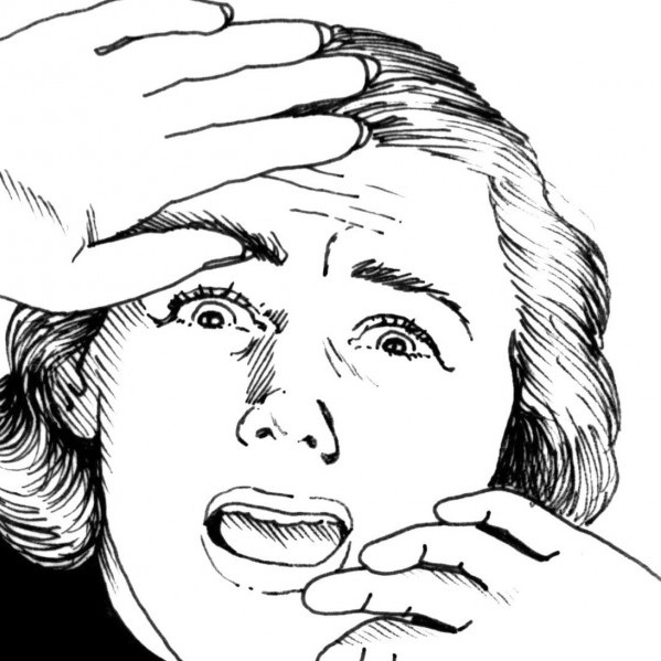 Line drawing of terrified woman's face.