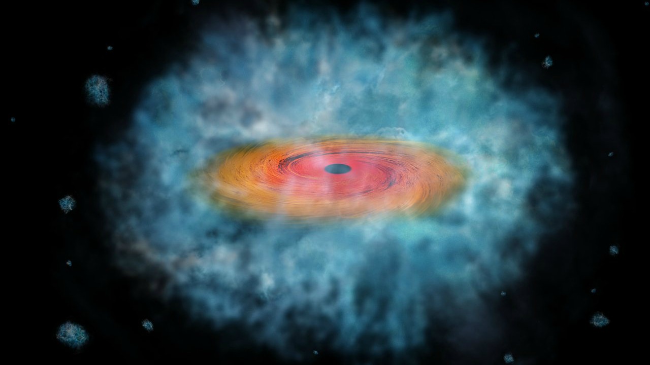 This artist’s impression shows a possible seed for the formation of a supermassive black hole. Two of these possible seeds were discovered by an Italian team, using three space telescopes: the NASA Chandra X-ray Observatory, the NASA/ESA Hubble Space Telescope, and the NASA Spitzer Space Telescope. Image via NASA/CXC/M. Weiss