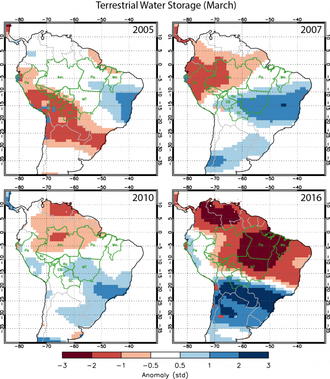 An analysis of data from the Gravity Recovery and Climate Experiment (GRACE) satellite mission shows greater soil water deficits in 2016 than previous drought years with high Amazon fire activity. Credits: Yang Chen, University of California, Irvine / NASA