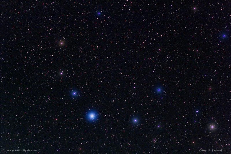 Six bright stars in bowl shape against a starry sky, Alphecca noticeably brighter.
