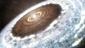 Artist’s impression of the water snowline around the young star V883 Orionis, as detected with ALMA. Credit: A. Angelich (NRAO/AUI/NSF)/ALMA (ESO/NAOJ/NRAO) 