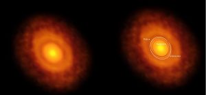 The image on the right pictures the planet-forming disc around the young star V883 Orionis was obtained by ALMA in long-baseline mode. The image on the left compares V883 Orionis with our own Solar System for reference.