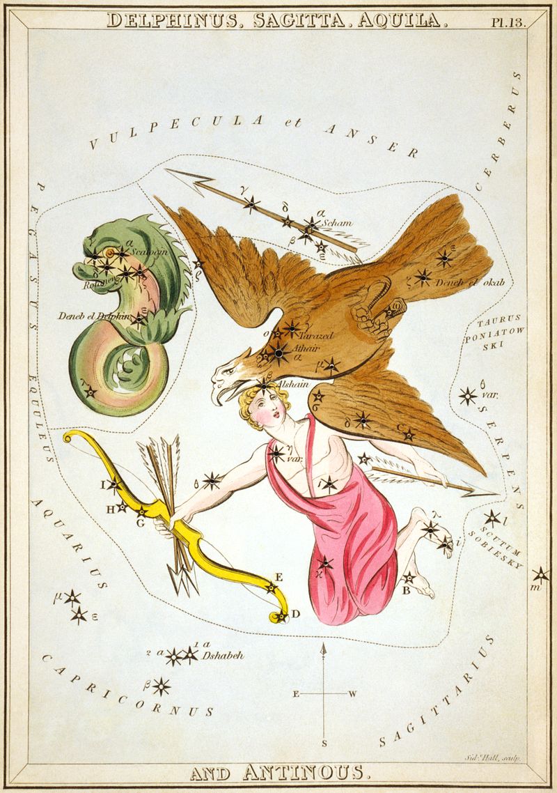 Antique colored etching of a flying eagle with stars marked in it.