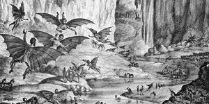 Old etching of flying, naked bat-winged people, with unicorns and pterodactyls on the ground.