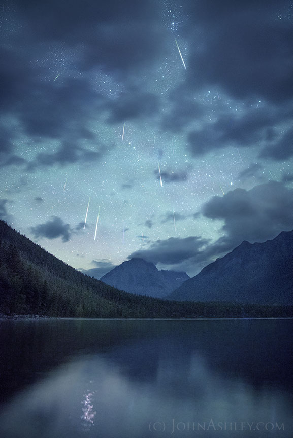 This composite image perfectly captured what you would see after a night of meteor-watching, as dawn is approaching. At this time, the Perseids' radiant point is high in the sky, and the meteors rain down from overhead. Composite image by John Ashley at Glacier National Park in Montana.