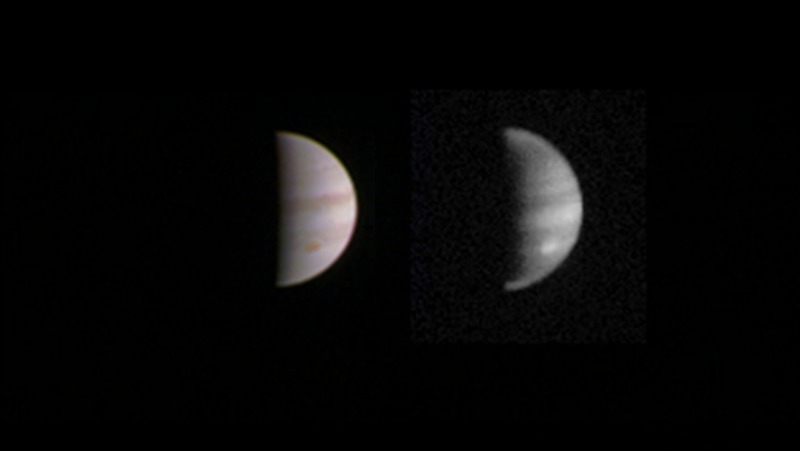 This dual view of Jupiter was taken on August 23, 2016, when NASA's Juno spacecraft was 2.8 million miles (4.4 million km) from the gas giant planet on the inbound leg of its initial 53.5-day capture orbit. Image via NASA/JPL-Caltech/SwRI/MSSS