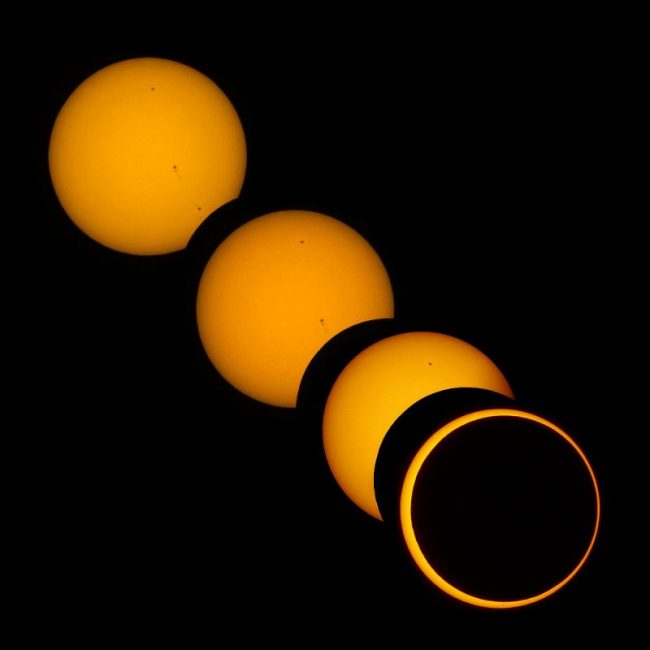 Various stages of an annular solar eclipse from Brocken Inaglory via Wikimedia Commons.
