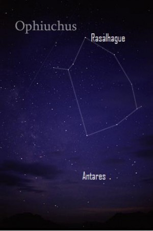 Constellation drawn on star field with stars Antares and Rasalhague marked.