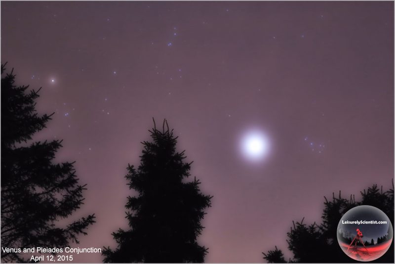 Photo taken by Tom Wildoner on April 12, 2015 of the conjunction of Venus and the Pleiades Star Cluster.