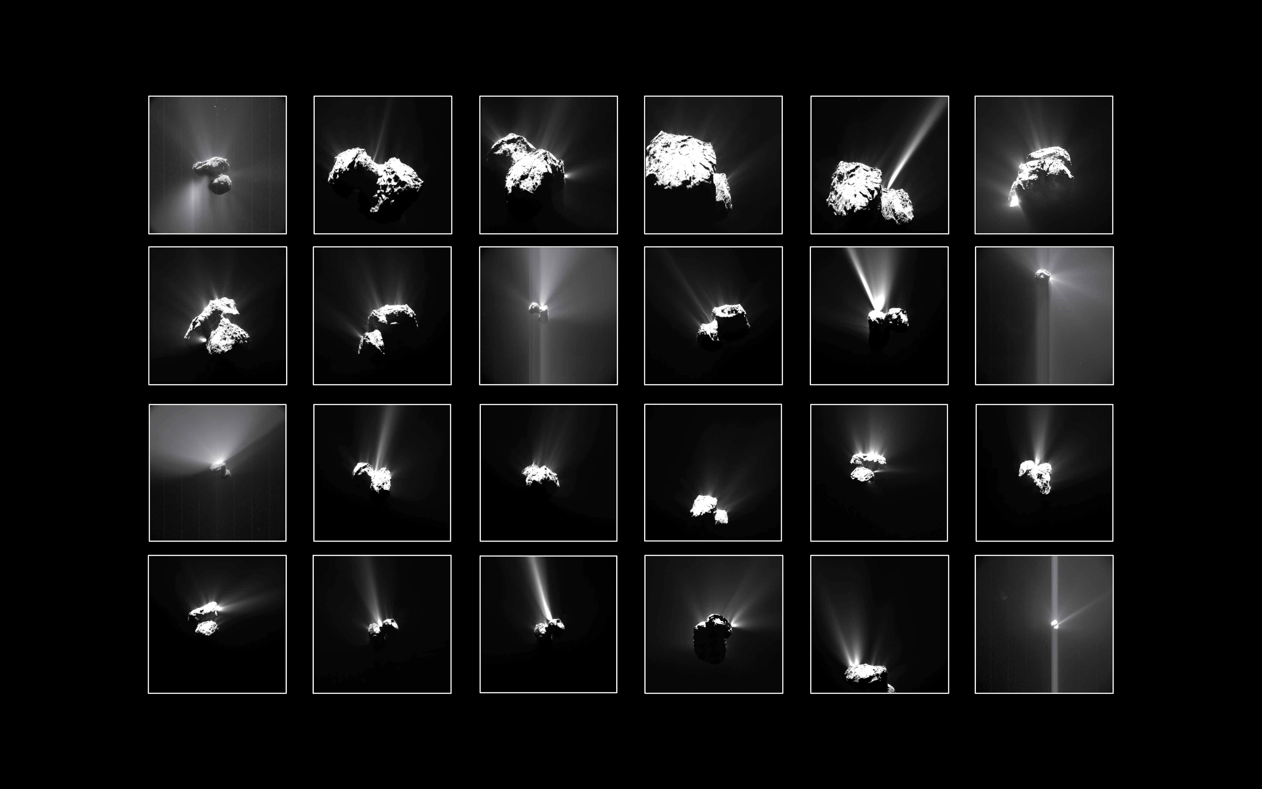 Compilation of the brightest outbursts seen at Comet 67P/Churyumov–Gerasimenko by Rosetta’s OSIRIS narrow-angle camera and Navigation Camera between July and September 2015, via ESA. 