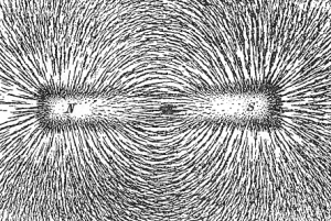 Lines of force shown with a magnet and iron filings via Physics Stack Exchange.