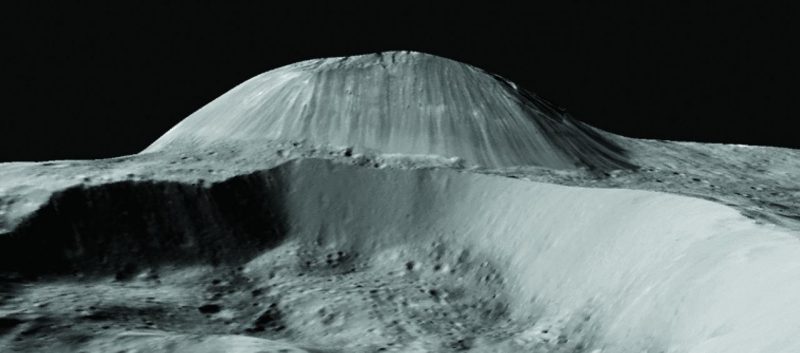 Perspective view of Ahuna Mons on Ceres from Dawn Framing Camera data (no vertical exaggeration). The mountain is 4 km high and 17 km wide in this south-looking view. Fracturing is observed on the mountain’s top, whereas streaks from rockfalls dominate the flanks.  Via Science.