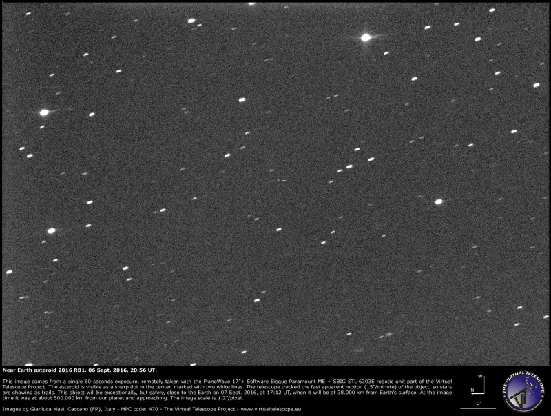Asteroid 2016 RB1 imaged by Gianluca Masi, of the Virtual Telescope Project in Italy.