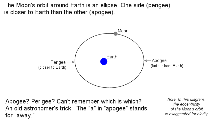 Image via NASA. The eccentricity of the moon's orbit is greatly exaggerated for clarity. Of the 13 perigees in 2016, the full moon perigee (proxigee) on November 14 is the year's closest.