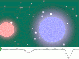 Animated diagram: large and small stars rotate around each other with graph of brightness.