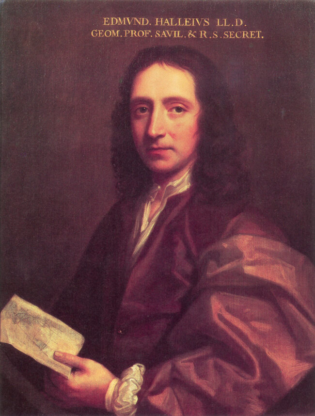 Painting of a man with long wavy hair. He is wearing an academic robe and holding a book.