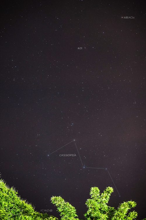 Zefri Besar in Brunei Darussalam caught Cassiopeia and Andromeda galaxy in November 2016, using a DSLR camera and 50mm lens. Notice that - no matter how they are oriented in the sky - the deeper 