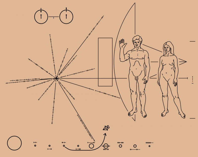 Drawing of a man, a woman, a diagram of the solar system, other informative drawings.