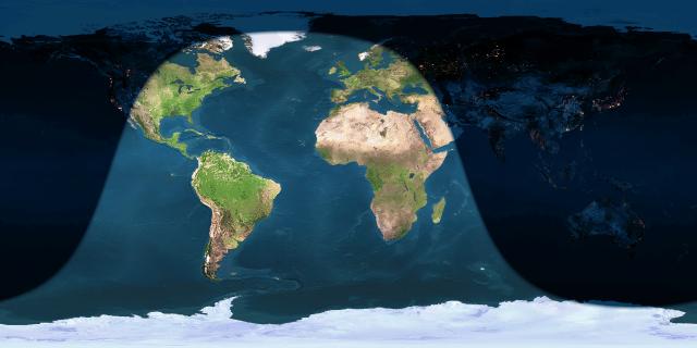 Day and night sides of Earth at the instant of the November 2016 full moon (2016 November 14 at 13:52 UTC) via EarthView. At this time, it'll be sunrise in western North America. In eastern North America, the moon will have set before the moon turns exactly full.