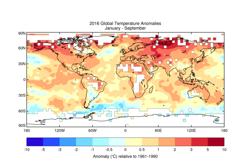 Global temperatures for January to September 2016.  Imag via UK Meteorological Office Hadley Centre
