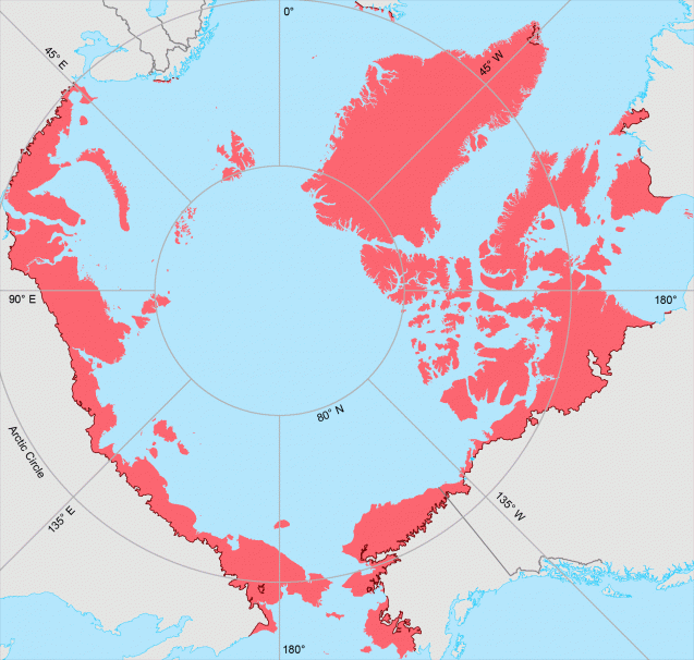 The tree line is the longest ecological transition zone on earth’s surface, circling through the northern landmasses of North America and Eurasia for some 8,300 miles. Here, the region beyond the trees is in red. At bottom right is Alaska, where researchers are now working in the area just beyond the arctic circle. Map courtesy of U.S. Fish and Wildlife Service