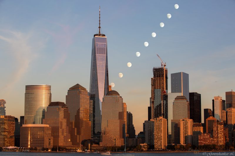 Waxing Gibbous (91.7%) moon on November 12, 2016, rising from behind the Freedom Tower in Jersey City, New Jersey. Composite image shot at intervals of 3 minutes by Gowrishankar Lakshminarayanan. 