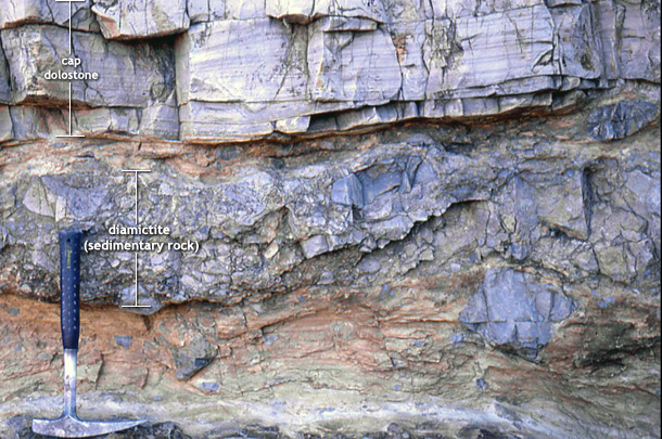 Rock formation in Namibia that shows a type of rock that only forms in warm water (cap dolostone) lying directly over a type of jumbled sedimentary rock, dated to 635 million years ago, that is commonly found at the margin of glaciers (diamictite). Image via SnowballEarth.org.