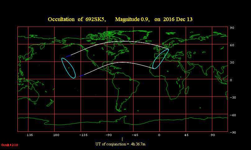 Image via IOTA. The moon occults the star Aldebaran at Everyplace within the solid white lines on the night of December 12-13. Click here to find out when the occultation times in your sky in Universal Time (UTC).