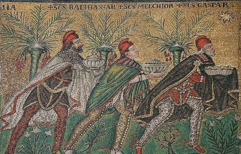Mosaic of 3 men in ancient Persian clothing, holding gifts. Palm trees in background. Bright star at upper right.