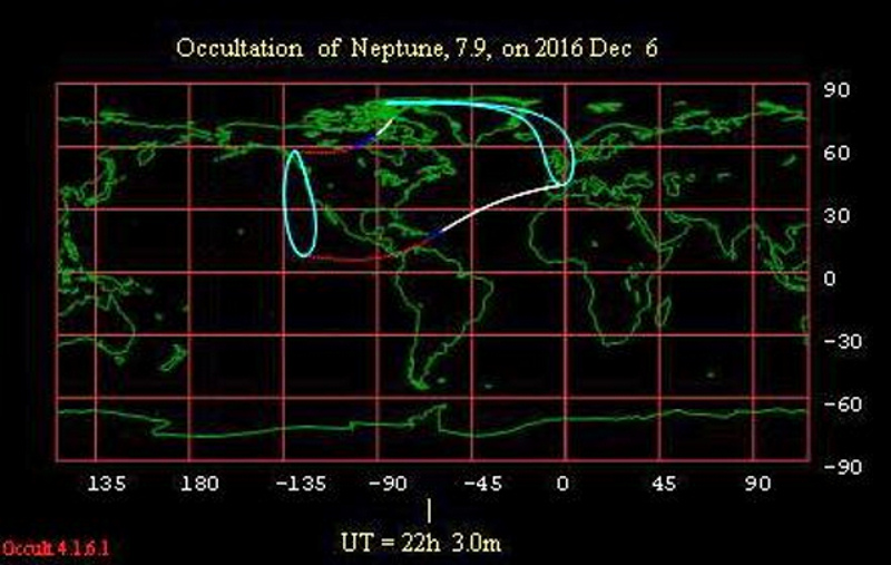 Map of the lunar occultation of Neptune on December 6, 2016, via the International Occultation Timing Organization (IOTA). The area in between the solid white lines shows where the occultation takes place during the nighttime hours. In between the short blue lines, the occultation happens at dusk, and in between the red lines, the occultation occurs in a daytime sky. 