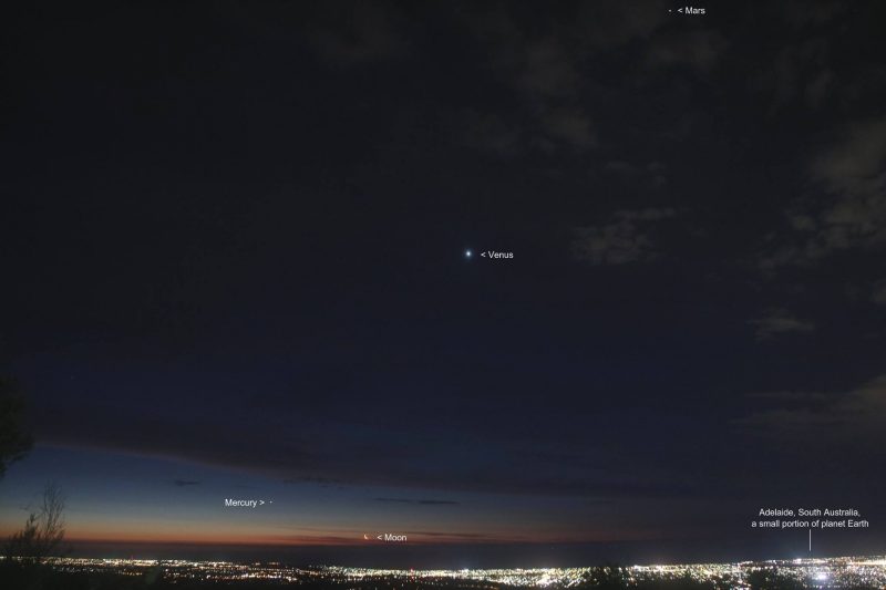 Here's a wider view of the west after sunset from View larger. Padraic Koen took this photo of the waxing crescent moon and the planet Mercury after sunset December 1, 2016 ( 9:22 PM local Central Australia Daylight Saving Time) from the top of Mount Lofty outside of Adelaide, South Australia. You can see Venus (brightest starlike object in photo) and Mars (upper right).