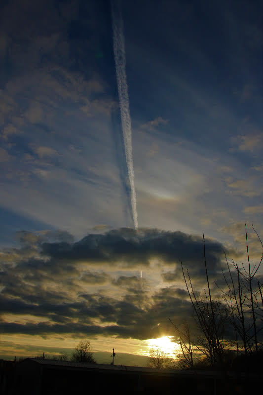 Dark clouds over sun near horizon, with vertical contrail and its shadow, trees in foreground.