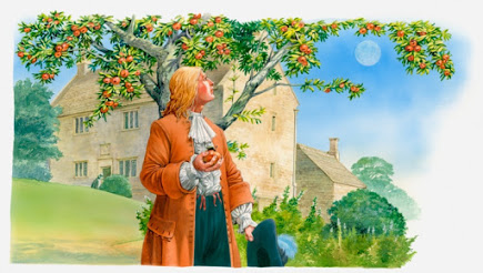 Man in 17th century garb holding an apple in his hand and looking at the moon through an apple tree.