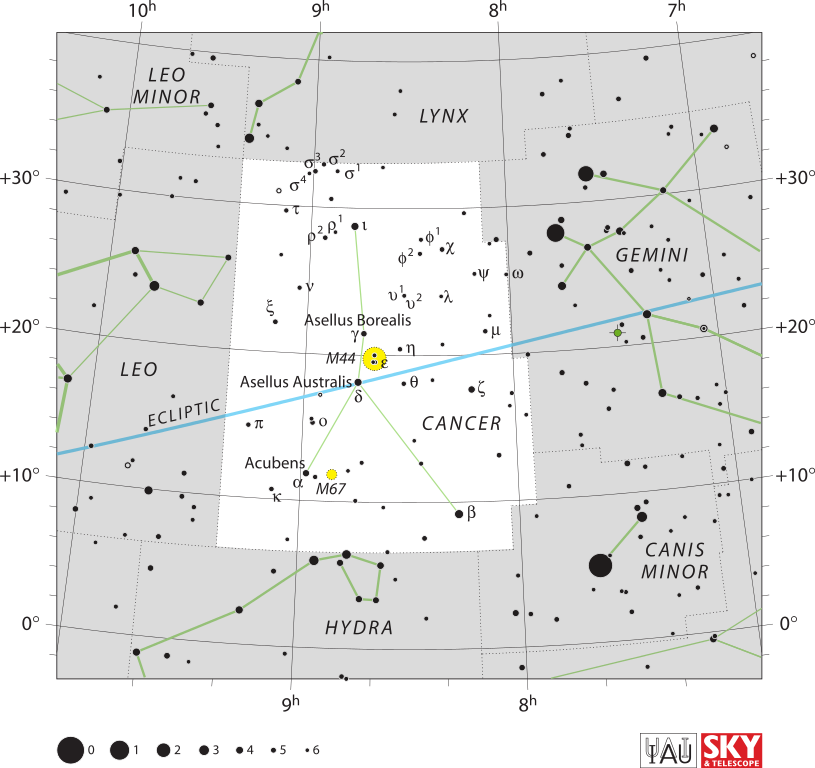 Star chart with stars in black on white and other objects in yellow.